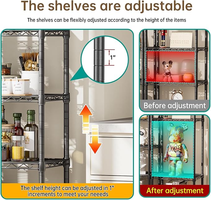 6 Tier Shelf Adjustable Storage Mesh Gaps Metal Utility Shelves Wire Shelving Unit Organizer Rack for Home Kitchen Office Bathroom Pantry Room10 D x 16" W x 60" H Black