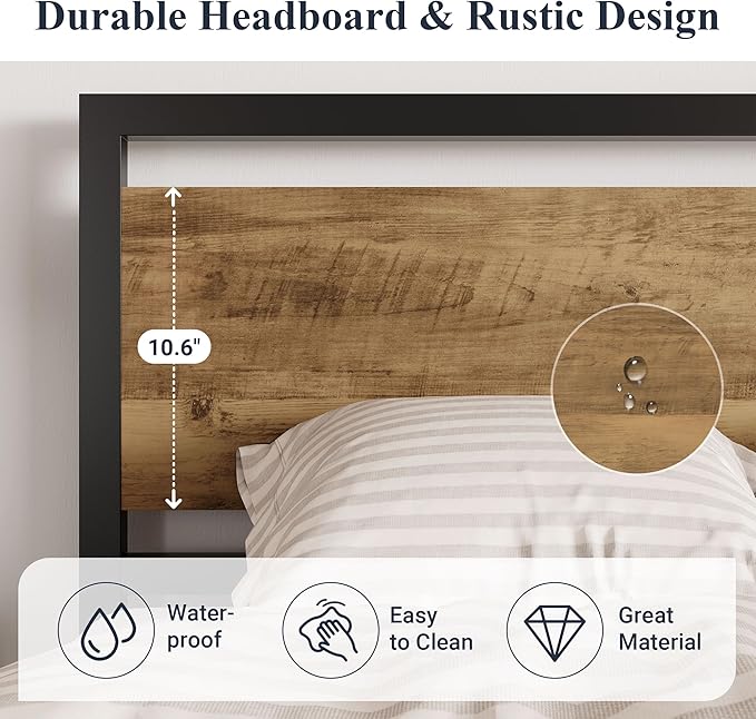 Allewie Full Bed Frame with Headboard, Heavy Duty Metal Platform Base with Strong Support, Underneath Storage Space, Stable Mattress Foundation, No Box Spring Needed, Brown