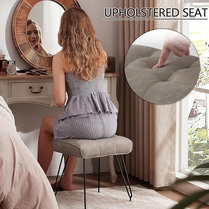 PU Leather Vanity Stools, Vanity Stool Chairs for Makeup Faux Leather Foot Stools Ottoman with Metal Leg Make up Chairs for Vanity Small Bench Seat for Living Room Bedroom (Gray)