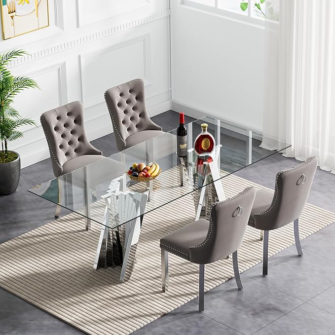 Goujxcy 70" Glass Dining Table Set for 4, Modern Silver Dining Table Set with 4 Grey Velvet Upholstered Dining Chairs, 5 Piece Kitchen Dining Room Table Set with Stainless Steel Legs