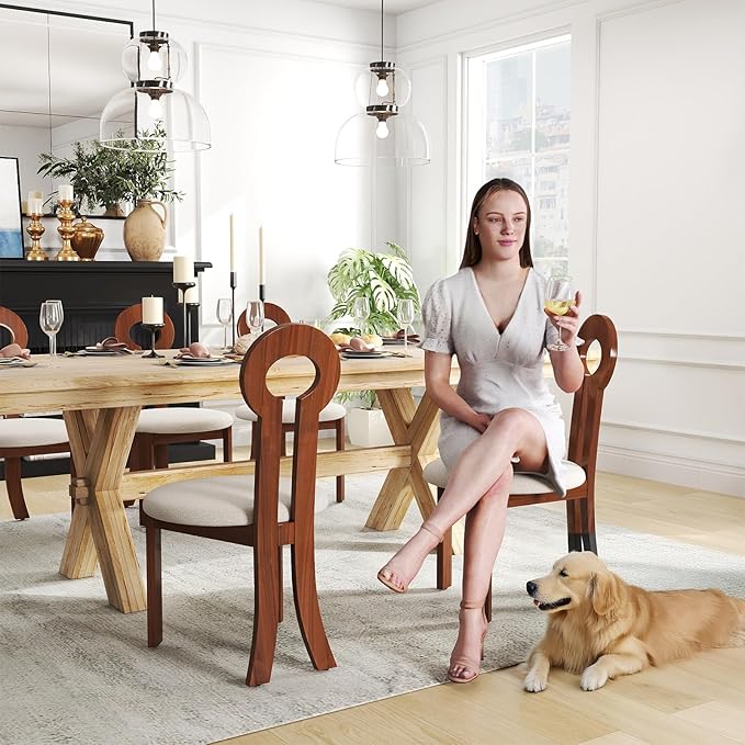 Wooden Dining Chairs Set of 6 Upholstered Kitchen & Dining Room Sherpa Chairs, Mid Century Modern Dining Chairs White with Walnut Legs
