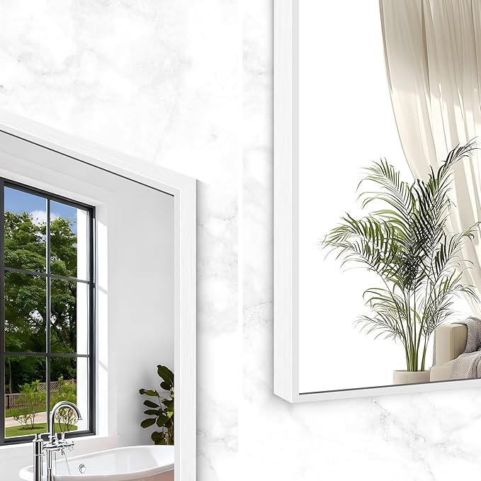 BONEWEI White Bathroom Mirror,36x48 inch Wall Mirror for Bathroom Wall Mounted,Large Rectangle Mirror for Bathroom Over Sink,Modern Metal Frame for Living Room,Bedroom Entryway,Horizontal/Vertical