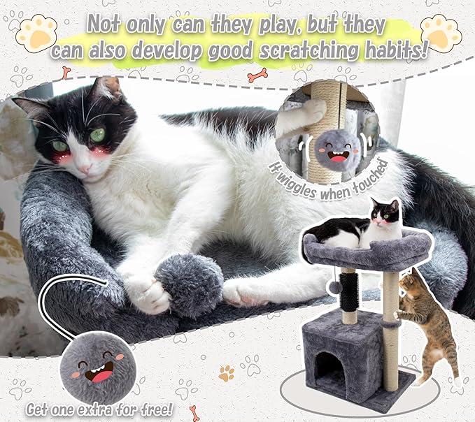 26.8" Small Cat Tree Tower,Cat Scratching Post for Indoor Cats,Featuring with Cat Cave & Cozy Perch,Cat Self Groomer and Interactive Dangling Ball Great for Kittens/Cats (Beige, Medium)