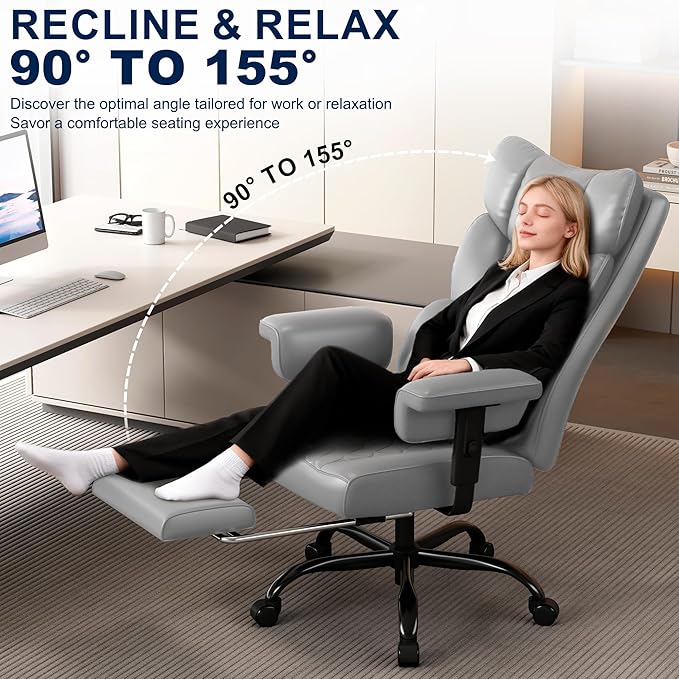 Misolant Big and Tall Office Chair with Footrest, High Back Executive Desk Chair with Adjustable Lift Armrest, 155°Recline，Lumbar Support Pillow, Faux Leather Gaming Chairs for Home or Office Gray