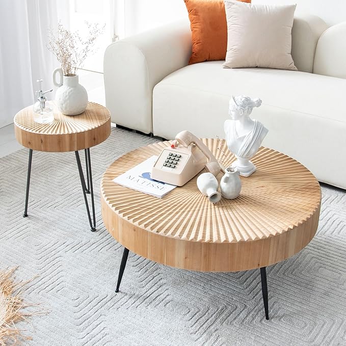 COZAYH 2-Piece Round Nesting Coffee Table Set, Natural Wood Top with Black Metal Legs, Radial Pattern – Rustic Farmhouse Accent for Living Room or Bedroom – Space-Saving Modern Furniture