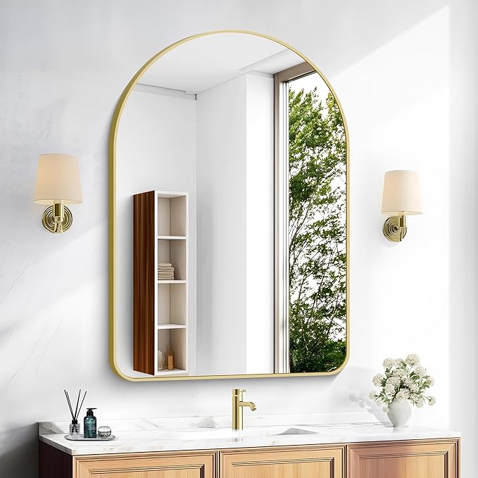 Arched Bathroom Mirror, 26"x38" Gold Arched Mirror for Bathroom, Wall Mounted Mirror, Vanity Wall Mirror Metal Frame for Bedroom, Entryway, Living Room, Hanging or Leaning Against Wall
