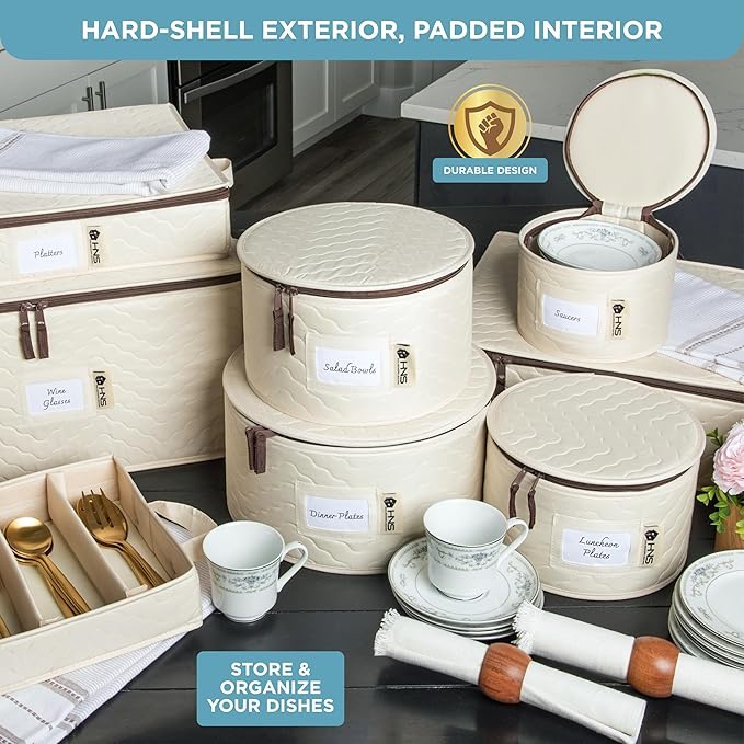 Hard Shell China Storage Containers 8-Piece Set Moving Boxes for Dinnerware, Glasses, Plates, Mugs and Saucers Sturdy Dish Organizer with Dividers for Seasonal Storage - Service for 12 - Beige Quilted