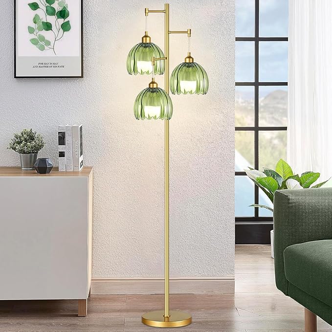 Vintage Floor Lamps for Living Room-3 Light Gold Floor Lamp with Three Bulbs & Glass Lampshape,Glass Mid Century Modern Standing Lamp Tree Tall Flower Floor Lamp for Bedroom Living Room,Corner