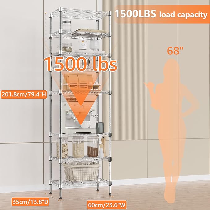 IZEUK 8 Tier Adjustable Metal Storage Shelving Unit, Heavy Duty Standing Rack Organizer for Kitchen, Pantry, Laundry Room, Garage or Basement, 2000 lbs Capacity, 23.6 W x 13.8 D x 79.5 H, Chrome