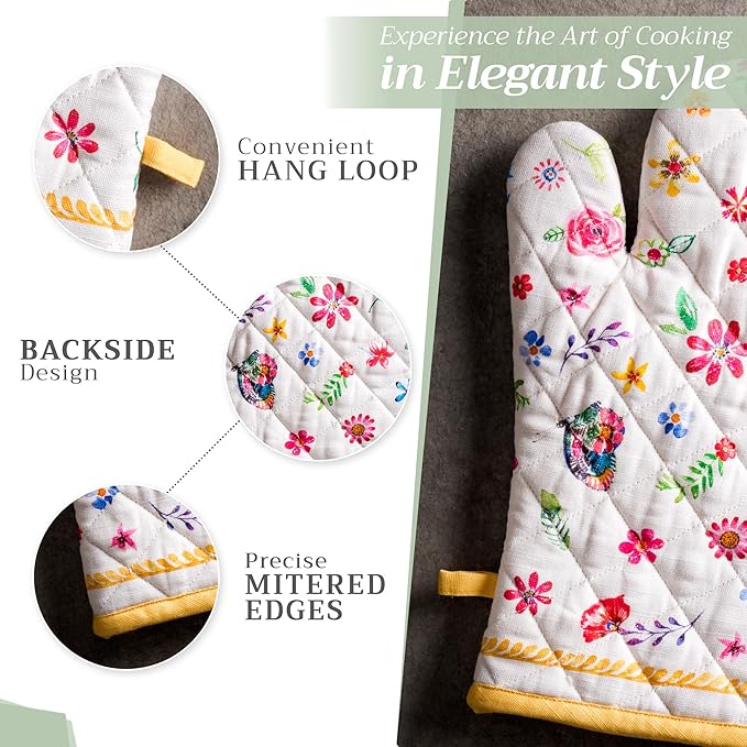 Maison d' Hermine 100% Cotton Oven Mitt & Pot Holder Set (7.5"x13" & 8"x8") Heat Resistant BBQ Cooking Gloves with Loop, Grilling, Kitchen, Handling Hot Pans Spring/Summer (Happy Florals - Sweety)