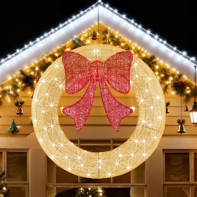 Sweetcrispy 48in Pre-Lit Christmas Wreath, LED Lighted Holiday Outdoor Decoration with Bow for Door, Mantel, Wall, Windows, Front Door Decor, Gold Wreath - Red Bow