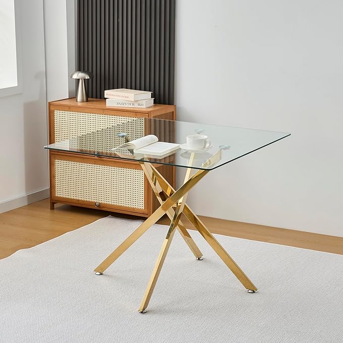 36" Square Glass Dining Table Modern Kitchen Glass Top Table for 4 with Gold Chrome Metal Legs, Clear Dining Table Kitchen Table for Home Office Dining Room