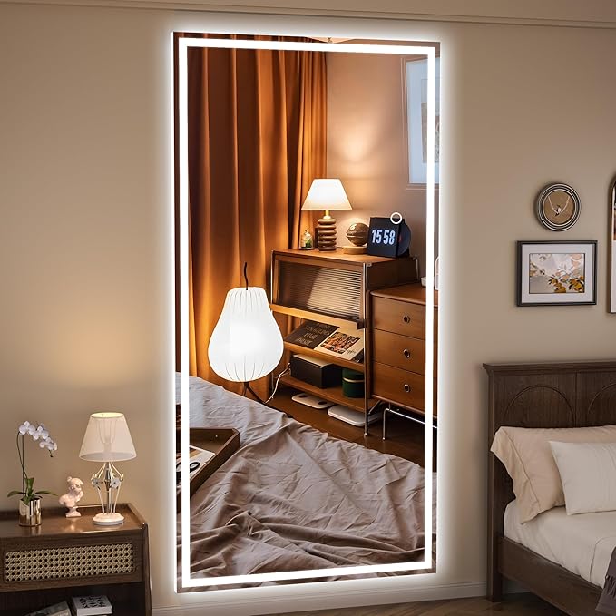 Hasipu Full Length Mirror with Lights, 81" x 34" LED Lighted Floor Standing Mirror, Full Body Dressing Hanging Mounted Mirrors, Dimmable, Tempered Glass, Safe to Use, Square White