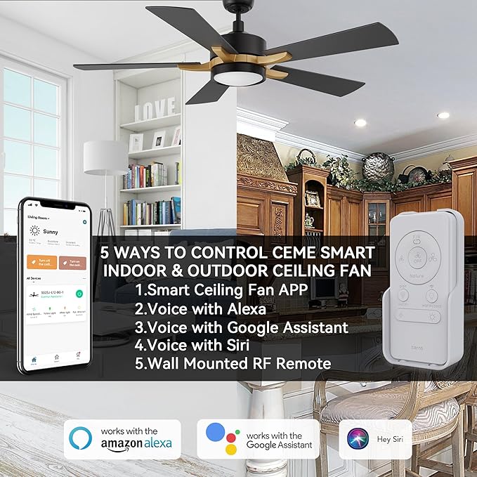 CEME 52 Inch Ceiling Fan with Light and Remote, 10 Speeds Reversible DC Motor Outdoor Ceiling Fan, 3 Light Colors Dimmable Black Ceiling Fan Compatible with Alexa, Siri & Google Home, Black Gold