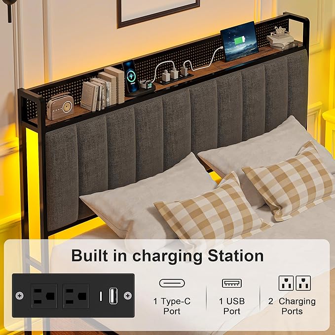 VECELO Full Size Upholstered Metal Bed Frame with Storage Drawers, LED Headboard, USB & Type-C Ports, Linen Fabric Platform Bed with 9 Legs Support, Noise-Free Design, No Box Spring Needed, Grey