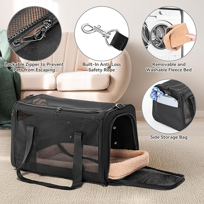 Petsfit Large Cat Carrier for 2 Cats, Lightweight Collapsible Double Cat Carrier for Travel, 4-Sided Breathable Mesh, with Adjustable Shoulder Strap, Locking Zipper and Washable Fleece Pad Black