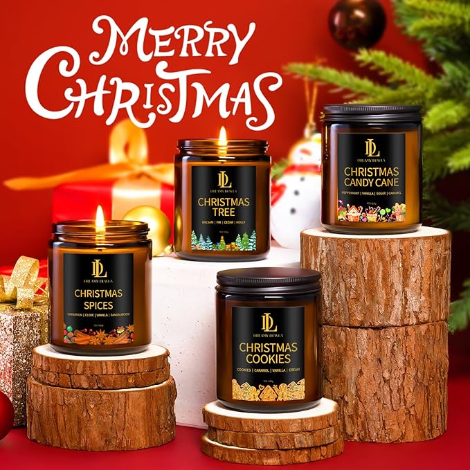 Christmas Candle Set, Scented Candle for Holiday, 4 Pack Soy Candles for Home Scented, Christmas Holiday Candle Gifts for Women Men, Scents of Christmas Tree/Cookies/Spices/Candy Cane