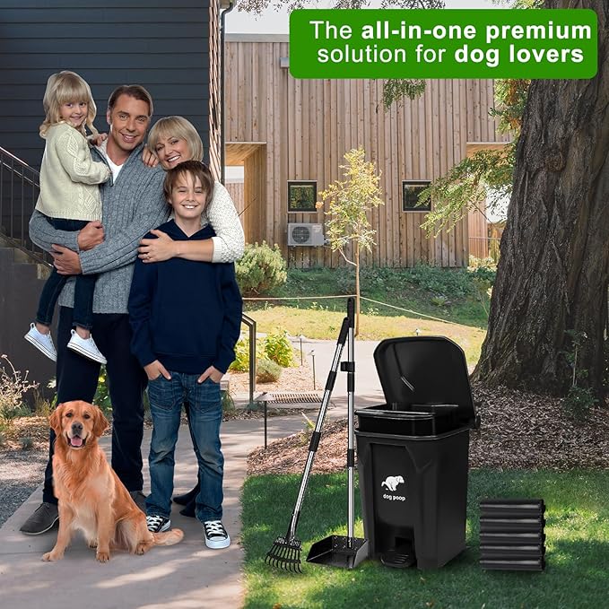Dog Poop Trash Can Outside with Pooper Scooper, 20L/5Gal Dog Waste Trash Can with Lid, Pedal and Removable Inner Bin, Pet Poop Bin with Metal Rake & Tray and 100 Bags