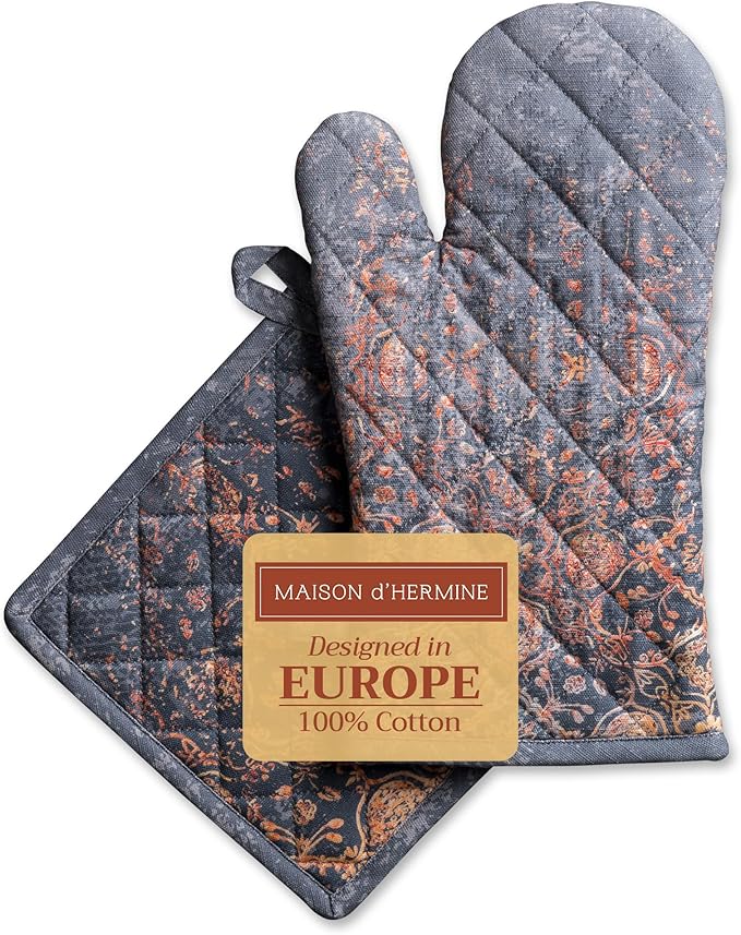 Maison d' Hermine 100% Cotton Oven Mitt & Pot Holder Set (7.5"x13" & 8"x8") Heat Resistant BBQ Cooking Gloves with Loop for Thanksgiving Christmas Decorations Handling Hot Pans (Imperfection)