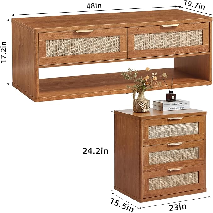LEYAOYAO Boho Rattan Coffee Table and End Table Sets, 48" Wide Center Tables & 23" Night Stand with 3 Drawers, Brown Wood Coffee Table for Living Room 3 Piece Set