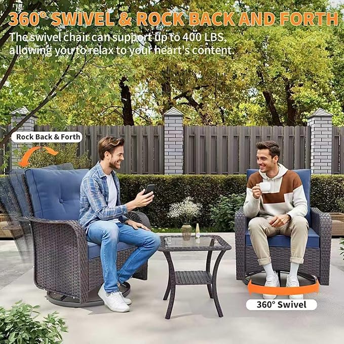 Gotland 13 Pieces Patio Furniture Set with Fire Pit Table Swivel Chairs, PE Rattan Outdoor Furniture Set with 29.5'' High Backrest 4’’ Thick Cushions Coffee Table, Patio Set for Porch, Deck, Navy