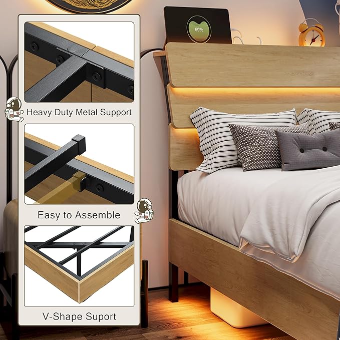 Twin Bed Frames with LED Light and Charging Station, Floating Wooden Bed Frame, Heavy Duty Metal Slats, No Box Spring Needed, Noise Free, Easy Assembly, Oak