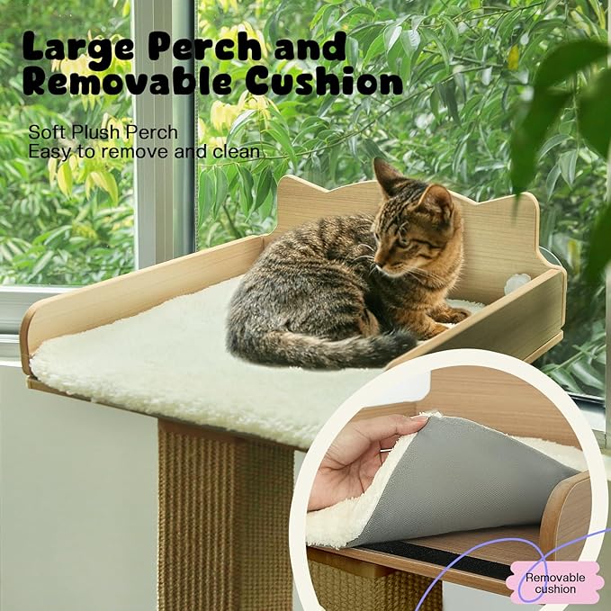 Cat Window Perch with Thick Sisal Scratching Post, Cat Hammock for Window, 53.5" Adjustable Tall Cats Scratching Post with 2 Upgrade Suction Cups, Cats Window Bed with Fuffy Cushion, Jute