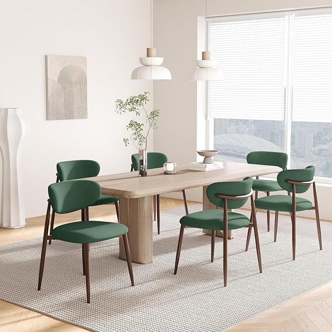 Dining Chairs Set of 6, Upholstered Dining Room Chairs with Metal Legs and Anti Slip Pads, Curved Back Kitchen Chair for Home and Restaurant Use, Green