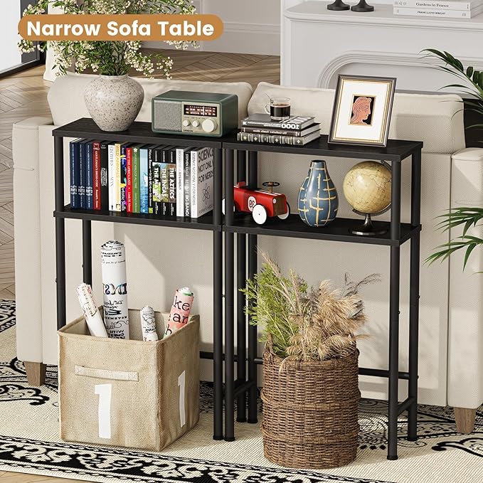 Narrow Console Table Set of 2, Small Entryway Table, 2-Tier Sofa Table with Storage, Skinny Console Tables for Entryway, Hallway, Bedroom, Living Room, Foyer, Black