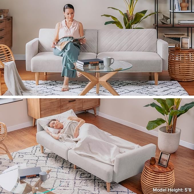 mopio 76.4" Futon Sofa Bed, Couch, Loveseat, Sleeper Sofa, Mid Century Modern Futon Couch, Sofa Cama, Couches for Living Room (Light Gray Fabric)