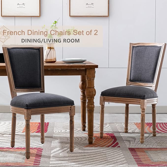 Nrizc Farmhouse Dining Chairs Set of 2, French Dining Chairs with Square Back, Brown Wood Legs, French Bistro Chairs for Dining Room/Living Room/Kitchen/Restaurant, Dark Grey