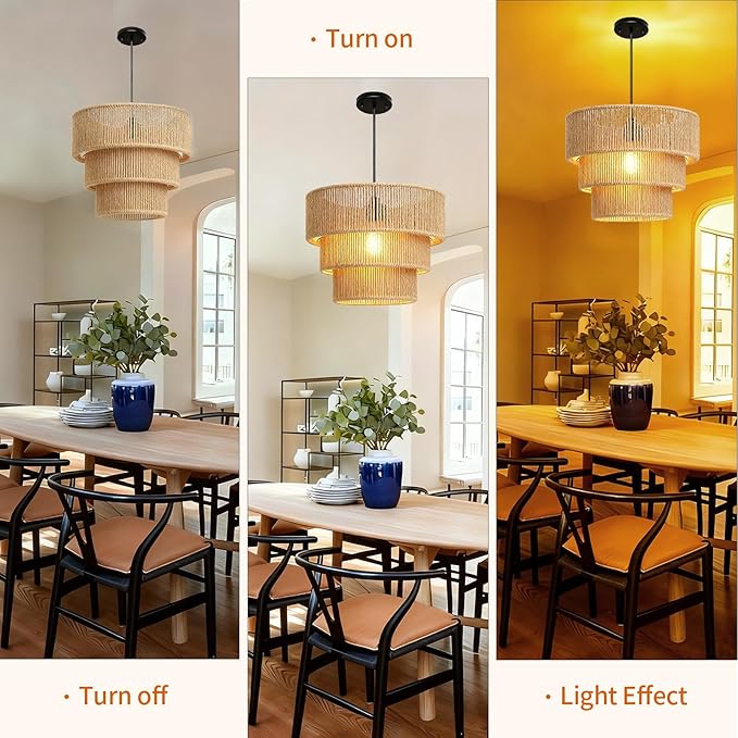 12''Natural rattan chandelier -Small Farmhouse Boho Style with E27 Bulb, 120V pendant light, fandelier, hanging lamp, wicker pendant lamps for Dining Room/Kitchen/Bedroom/Living Room/Island