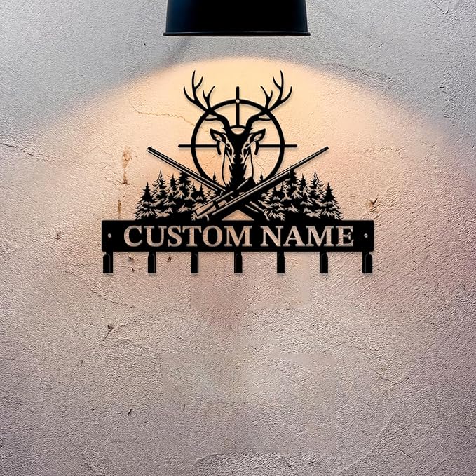 Personalized Custom Name Hunting Deer Wall Key Hooks,Metal Hunting Art Clothes Hooks,Metal Hunting Wall Home Storage Decorative,Hunter For Front Door, Hallway, Kitchen, Bedroom,Keys,Hats (Style H)