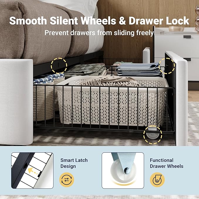 Allewie Queen Size Platform Bed Frame with 4 Large Storage Drawers, Velvet Vertical Channel Tufted Upholstered Bed Base, Wooden Slats Support, Noise-Free, No Box Spring Needed, Easy Assembly, White