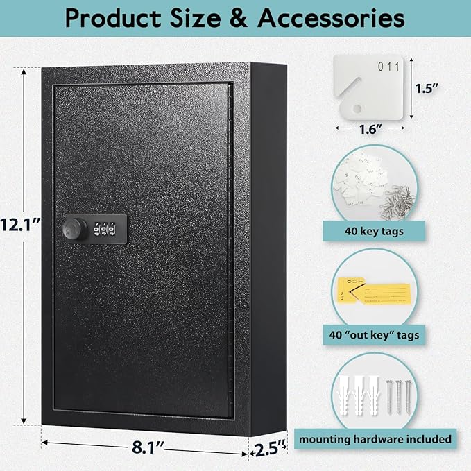 KYODOLED Locking Key Cabinet, 40 Key Storage Lock Box with Code, Key Box Wall Mount with Combination Lock, Key Hooks & Tags Labels for Home, Office, Business, 2.5" D x 8" W x 12" H (Black,40 Key)