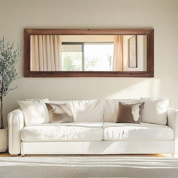 Rustic Floor Full Length Mirror Wood Frame, 56"X21" Farmhouse Free Standing Mirror for Bedroom Living Room Entryway, Hanging or Leaning Wall-Mounted, Tempered Glass, Brown