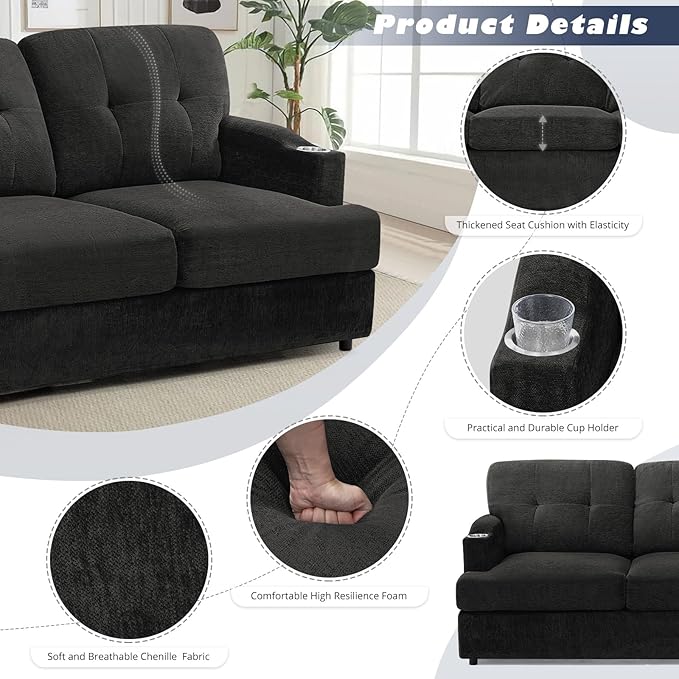 89" Chenille 3 Seats Sofa with Built-in Cup Holder, Tufted Modern Couch with Thickened Seat Cushions, Soft Upholstered Sofa with Deep Seating Space for Living Room, Apartment, Dark Grey