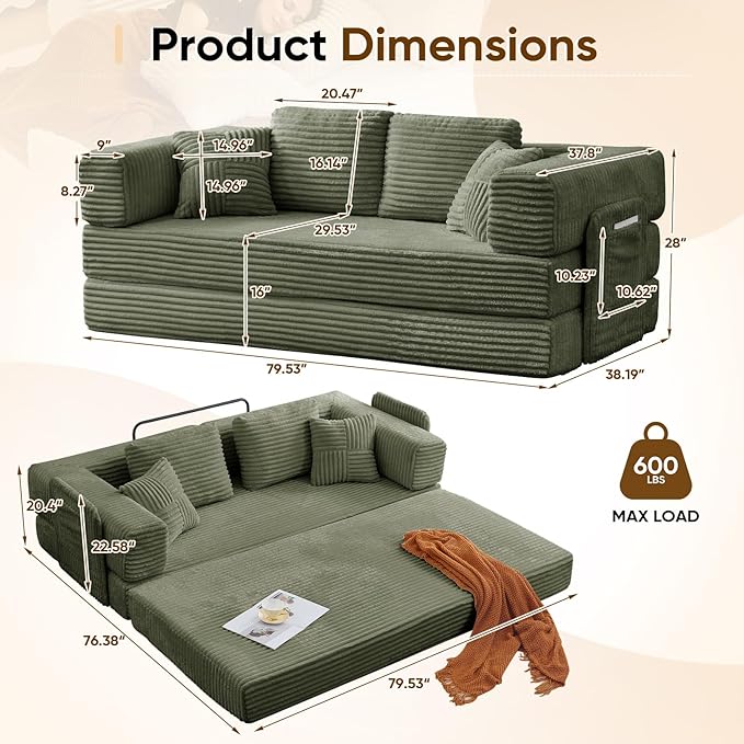 Antetek Convertible Sofa Bed, Comfy Corduroy Fluffy Love seat Sleeper Sofa, 5 in 1 Folding Couch Bed, Fold Out Floor Couch with Pillows for Bedroom, Living Room, Office, Wide Stripes, Green