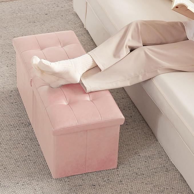 HAUSFRAU 31.5 Inches Ottoman with Storage Bench, Folding Ottoman Bench Small Foot Rest Stool, Bedroom Bench with Flipping Lid, Faux Leather Pale Pink