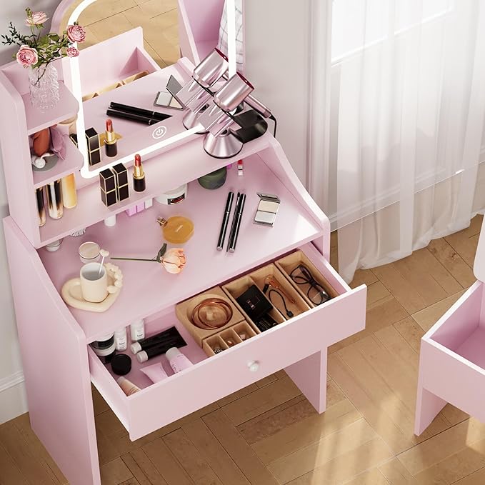 LIKIMIO Small Makeup Vanity Desk with Mirror and Lights, Vanity Table Set with Storage Drawer, Chair and Three Shelves, Bedroom, Pink