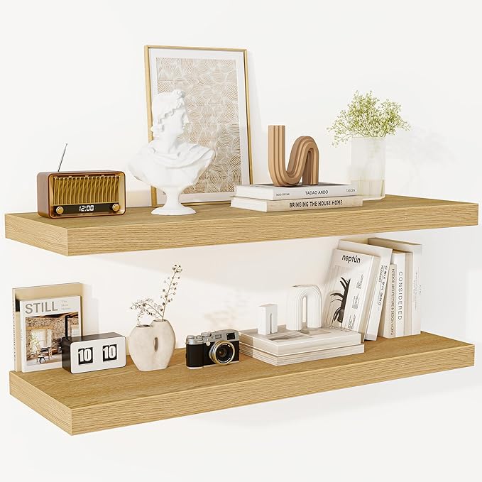 Fun Memories Floating Shelves - 2 Pack 12 Inch Deep Rustic Wooden Wall Shelves - Extra Deeper & Thicker Wall Mounted Storage Shelf for Living Room, Kitchen, Farmhouse - 36" W x 12" D x 1.5" H - Oak