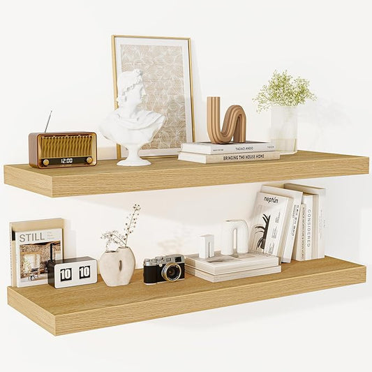 Fun Memories Floating Shelves - 2 Pack 12 Inch Deep Rustic Wooden Wall Shelves - Extra Deeper & Thicker Wall Mounted Storage Shelf for Living Room, Kitchen, Farmhouse - 36" W x 12" D x 1.5" H - Oak