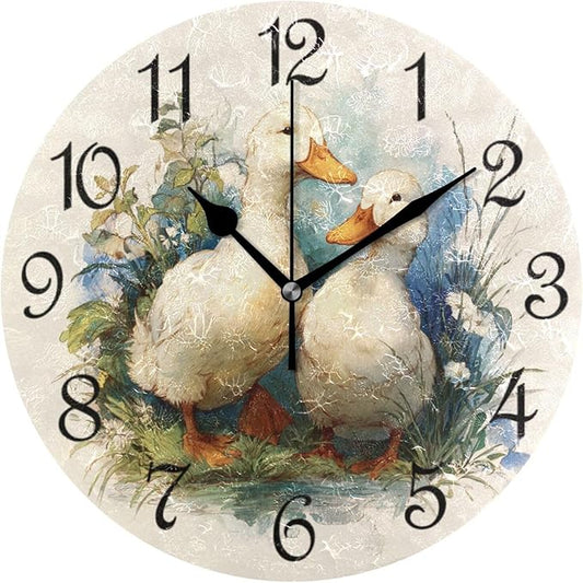 Wall Clock Watercolor Duck Silent Non-Ticking Decorative Round Wall Clocks Battery Operated for Office Home Living Room Kitchen Bedroom 10 Inch