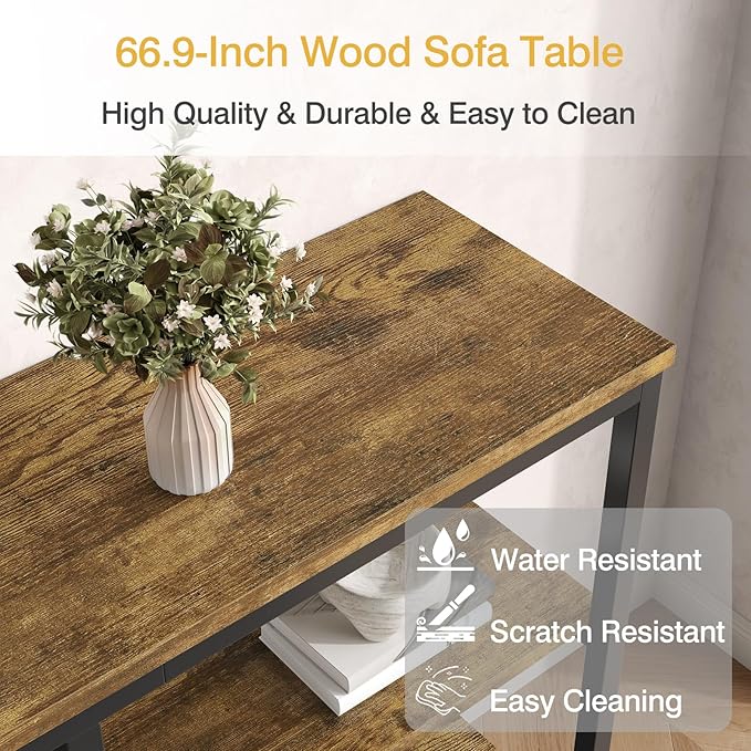 66.9 inch Console Table, 3 Tier Sofa Tables Narrow Long Wood Farmhouse Console Table with Storage Industrial Foyer Tables for Entryway, Hallway, Living Room (Vintage Brown+Black)