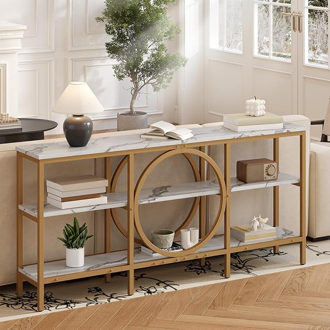 66.9-Inch Sofa Tables Narrow Long, 3 Tier Extra Tall Console Table Industrial Behind Couch Table Gold Large Console Tables for Living Room, Entryway, Hallway (White+Champagne Gold)