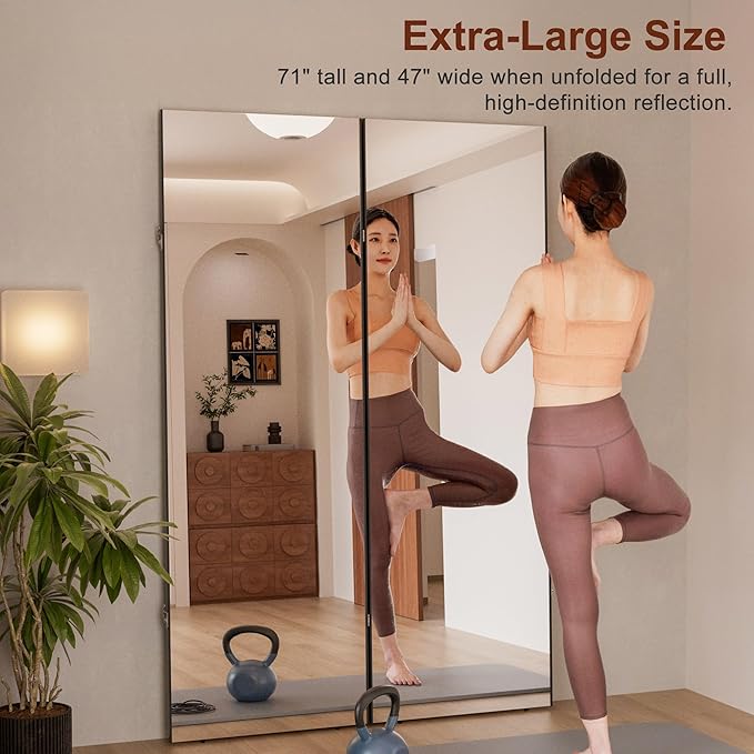 brisafe 360-Degree Folding Full-Length Mirror - 63" x 47"Oversized Anti-Shatter Nano Film Mirror, Space-Saving Foldable Design for Home Gym/Yoga Studio, 60% Commercial Insurance Discount, Black