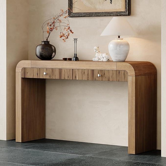 54.3" Curved Console Table with Fluted Drawer, Rustic Entryway Table and Thick Legs, Sturdy Sofa Table for Hallway & Living Room Wood (Natural)