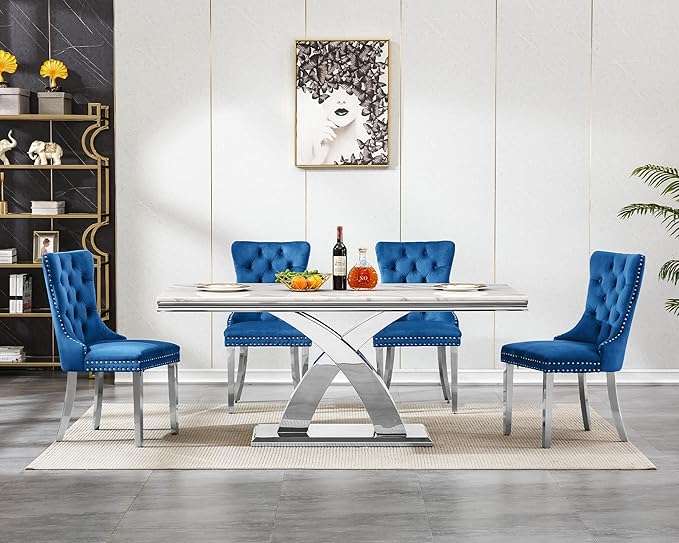 Goujxcy 7-Piece Dining Table Set Modern Faux Marble Dining Table Set for 6, Luxury 68" Long Faux Marble Kitchen Table with 6 Velvet Upholstered Chairs & Mirrored Stainless Steel Base