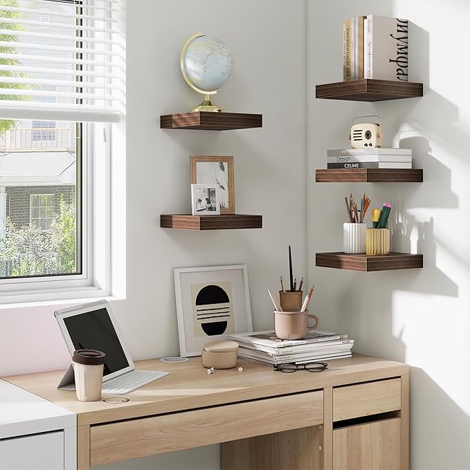 fuqing Floating Shelves for Wall, Wall Mounted Wood Floating Shelf with Invisible Brackets for Living Room, Bathroom, Bedroom, Kitchen Storage and Decor, 6.5 Inch Set of 3, Walnut