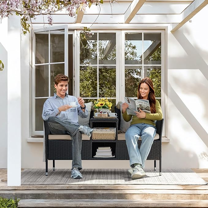 Greesum Patio Loveseat Outdoor Wicker Furniture Conversation Set with Soft Cushions & Built-in Coffee Table for Lawn Garden Backyard, Beige